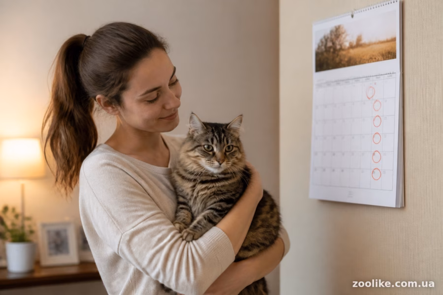 Жінка тримає кота біля календаря з позначеними датами